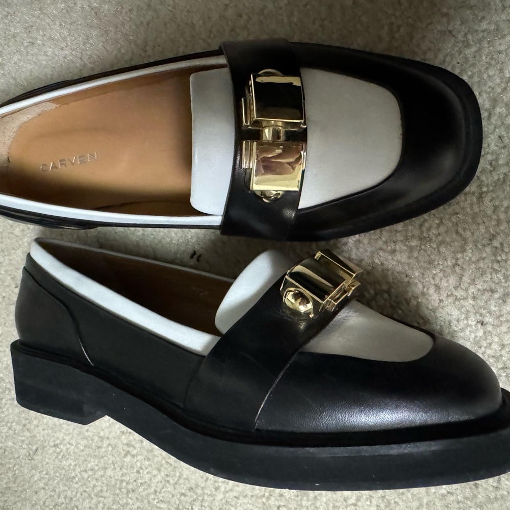 Carven Black and White Loafers with Gold Detail